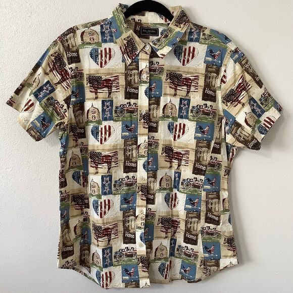 Bit & Bridle Cottagecore Americana Western Country Cowgirl Rodeo Button Down Top - Picture 1 of 12